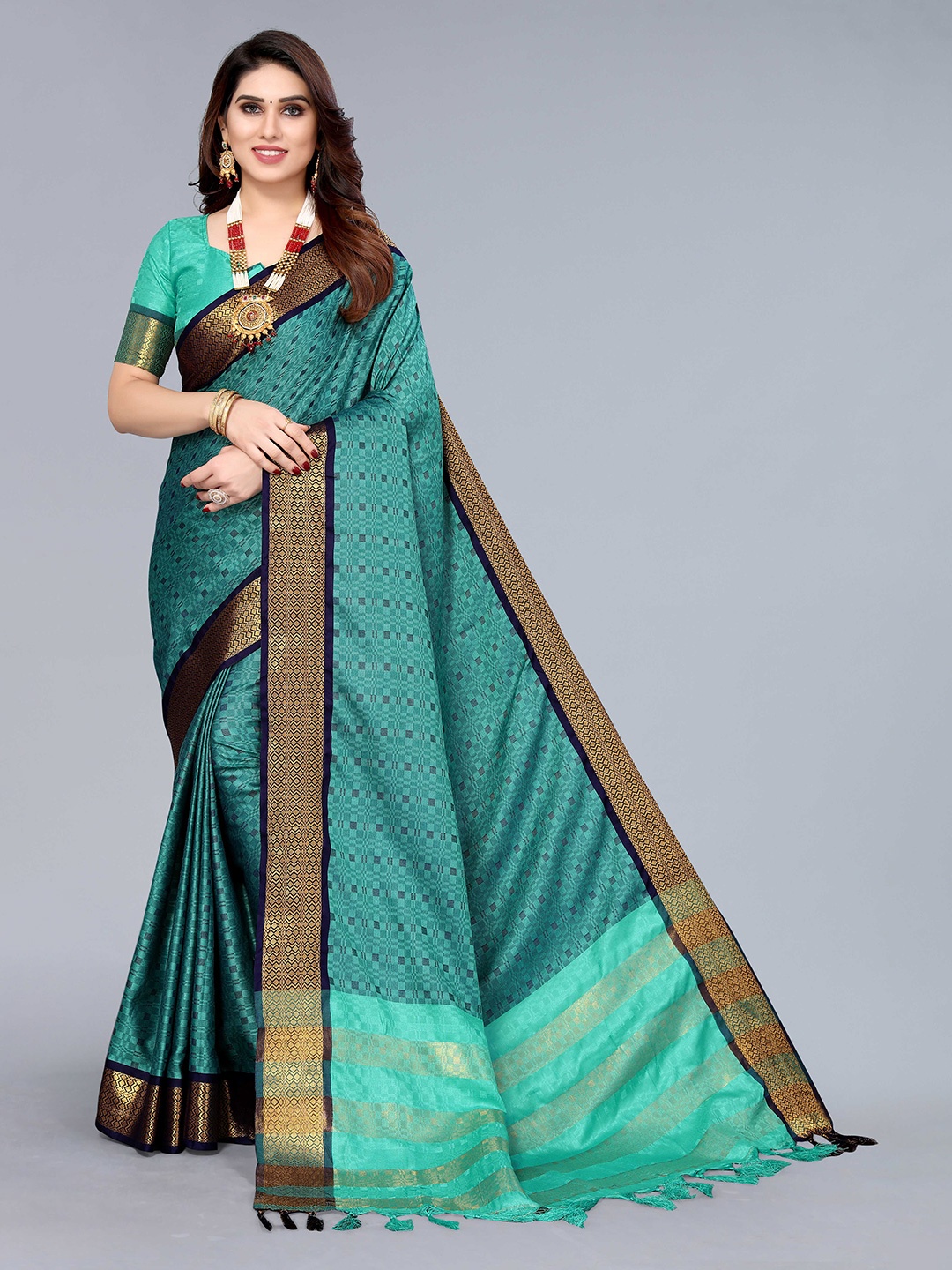

KALINI Ethnic Motifs Woven Design Zari Silk Cotton Kanjeevaram Saree, Teal