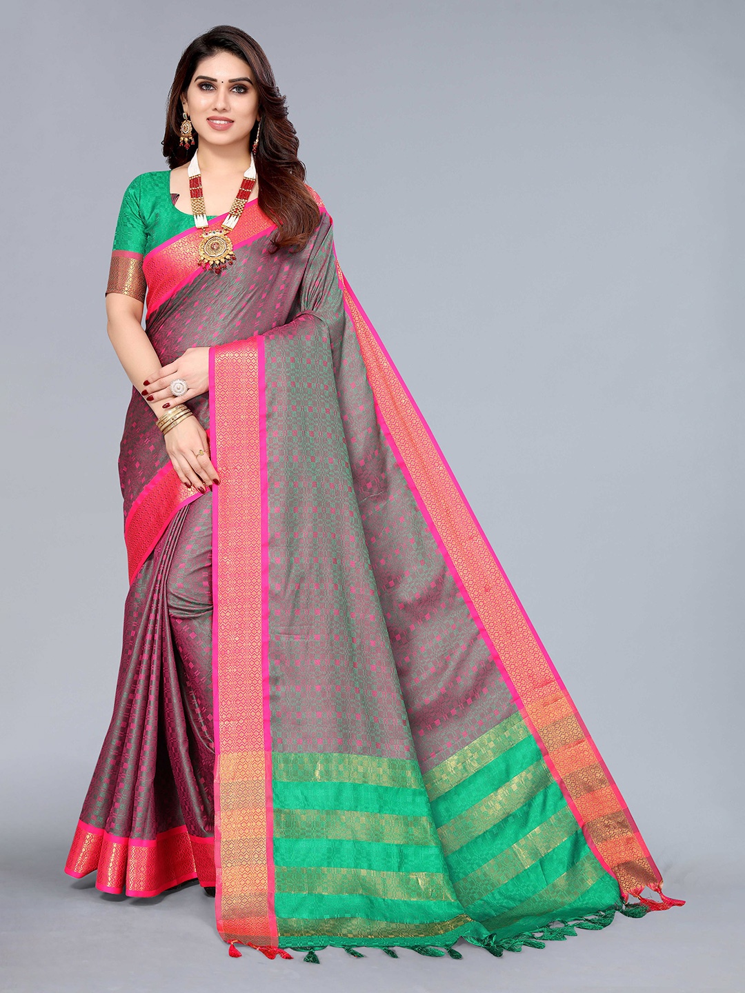 

KALINI Ethnic Motifs Woven Design Zari Silk Cotton Kanjeevaram Saree, Pink