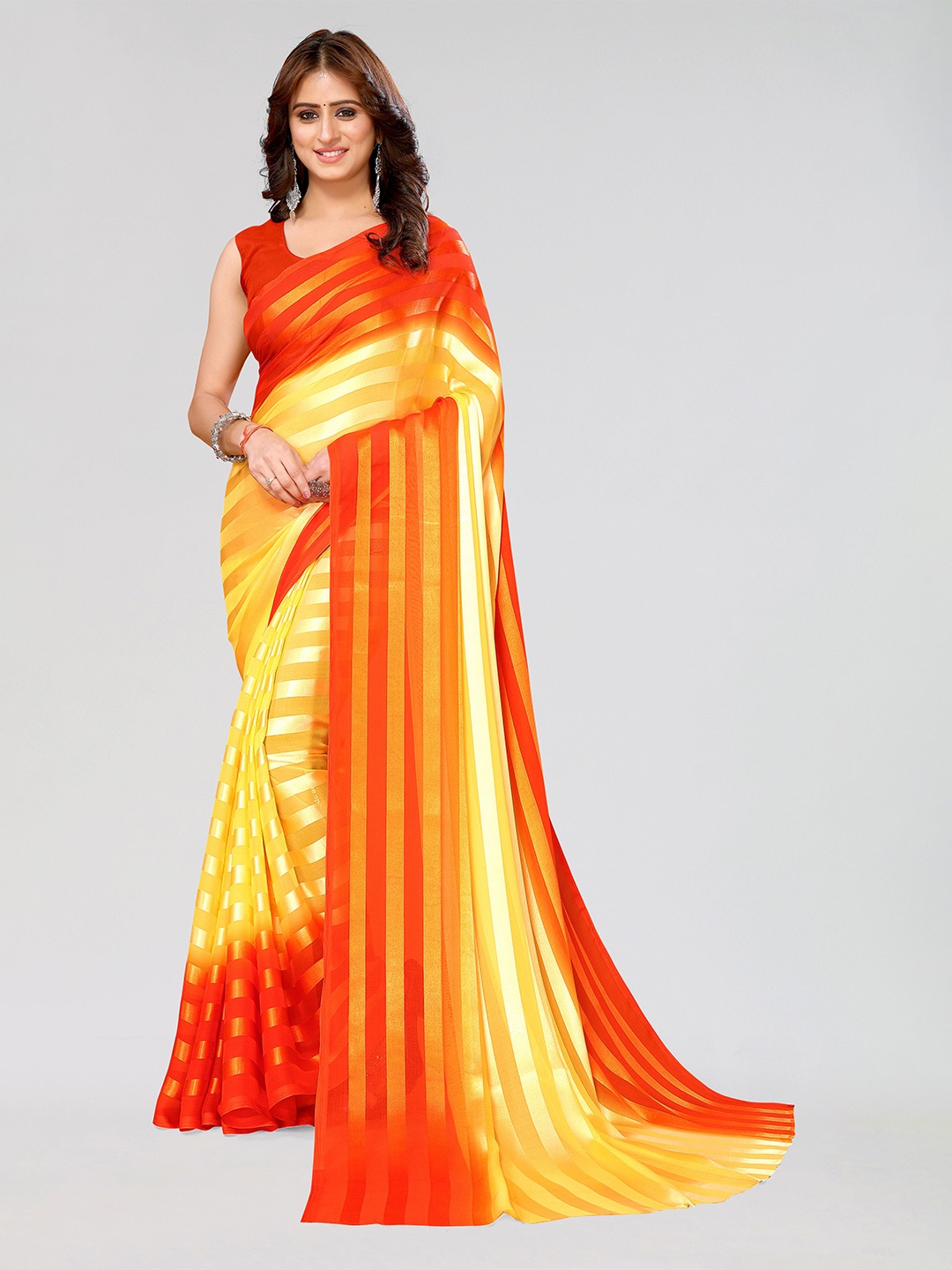 

KALINI Striped Festive Saree, Orange
