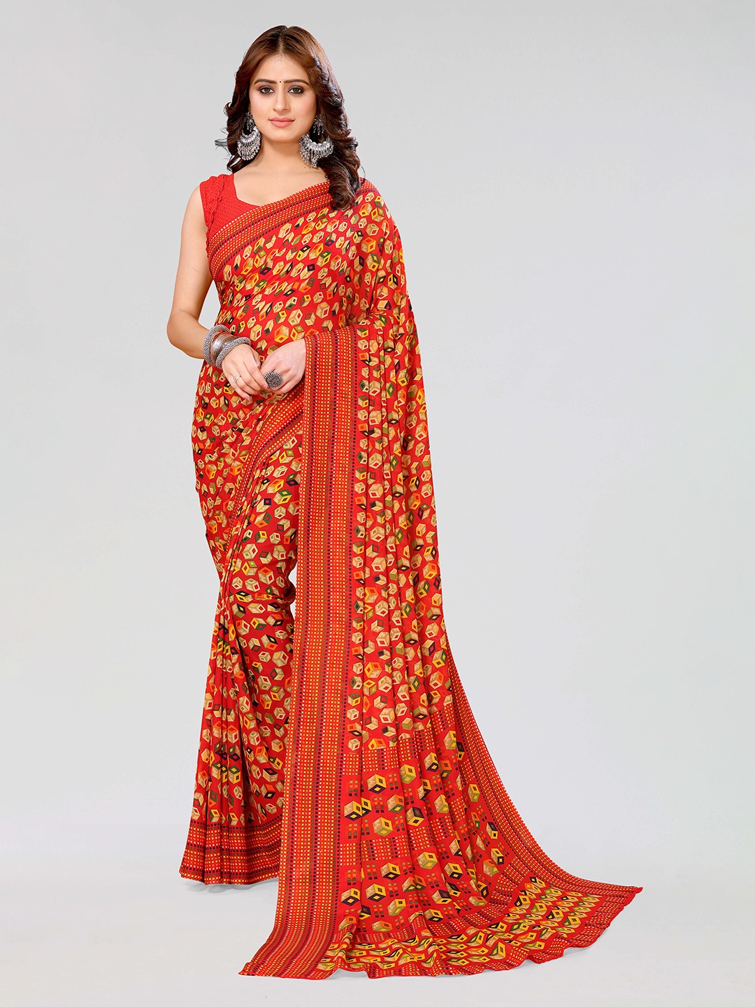 

KALINI Geometric Printed Saree, Red