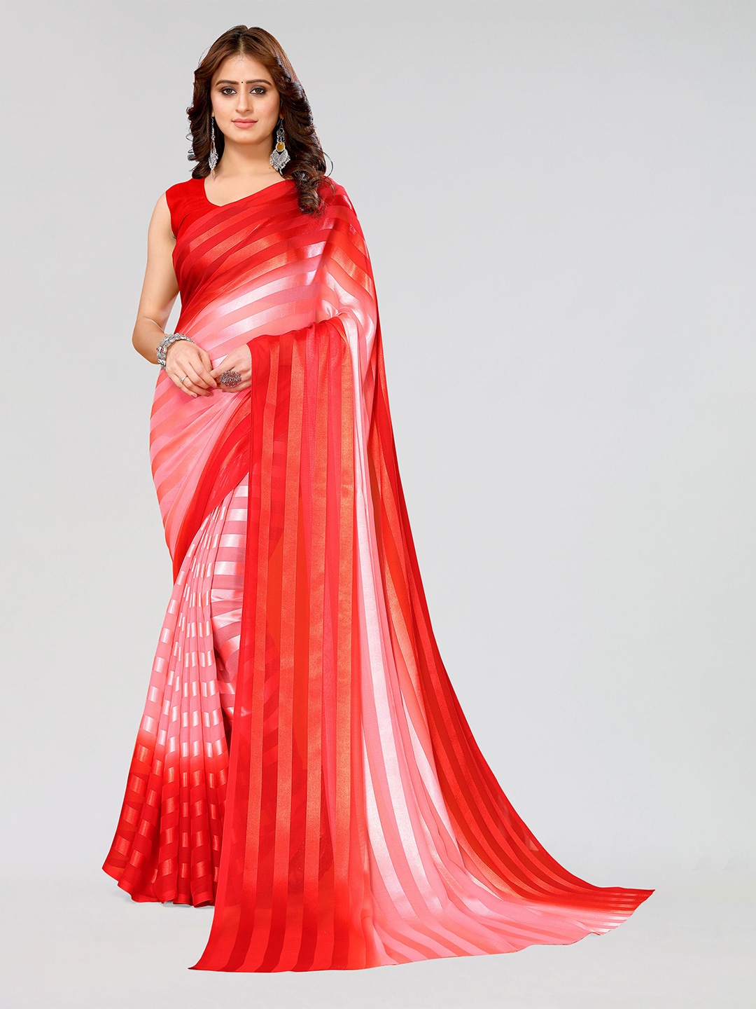 

KALINI Striped Festive Saree, Red