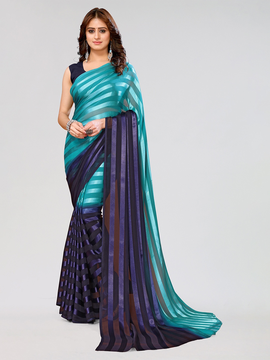 

KALINI Striped Poly Georgette Saree, Blue