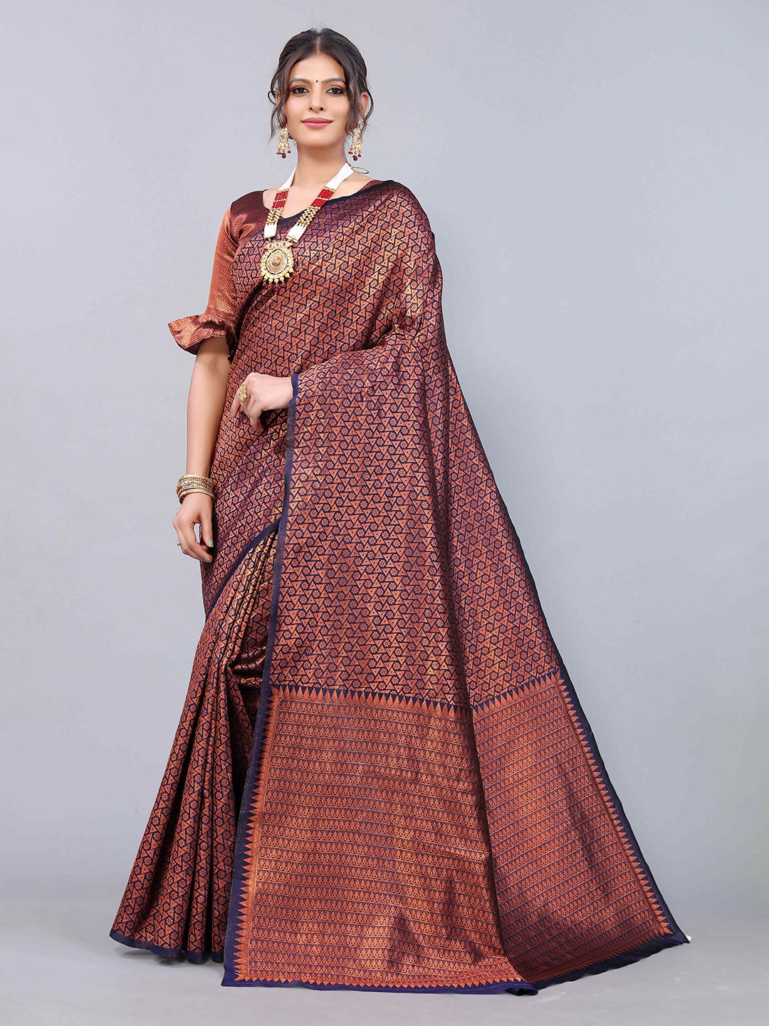 

KALINI Geometric Woven Design Zari Art Silk Banarasi Saree, Navy blue