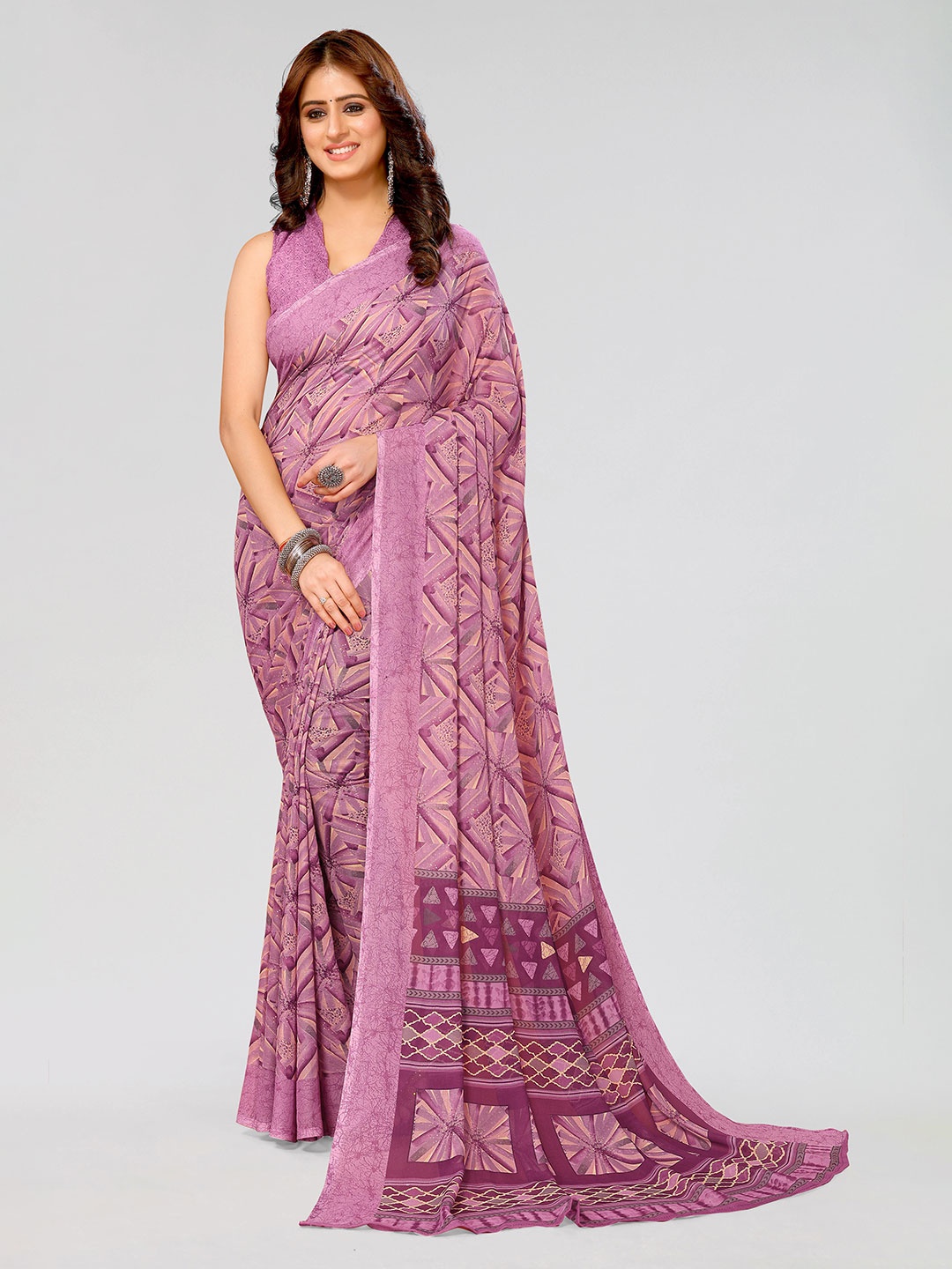 

KALINI Geometric Printed Saree, Purple