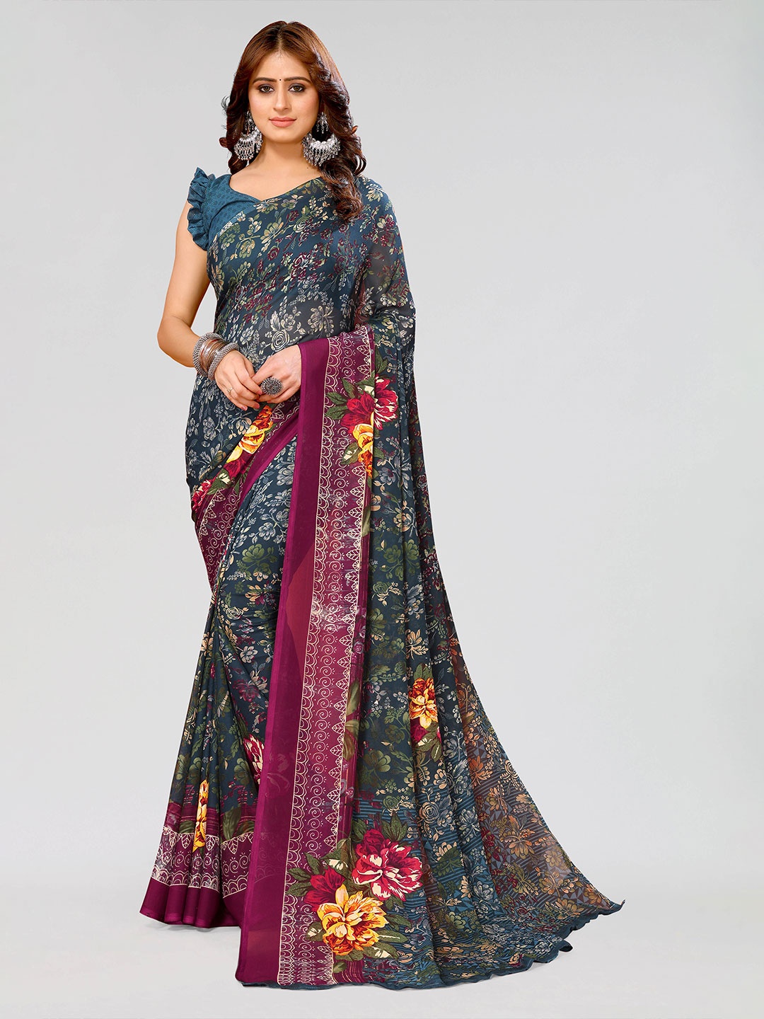 

KALINI Floral Printed Saree, Teal