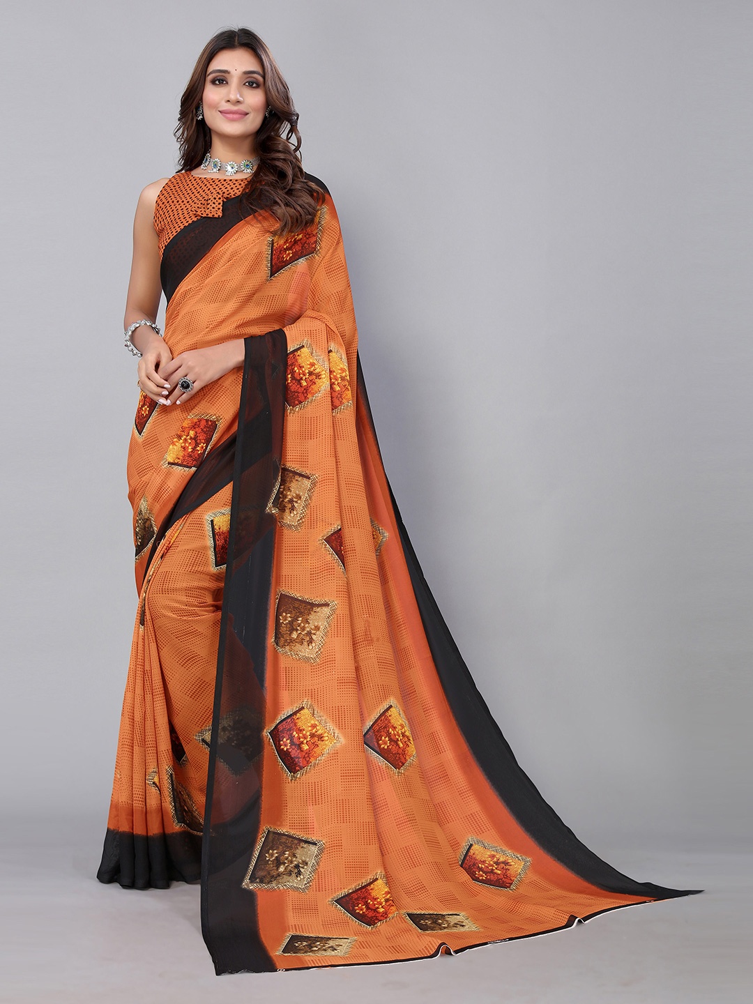 

KALINI Floral Printed Poly Georgette Saree, Orange