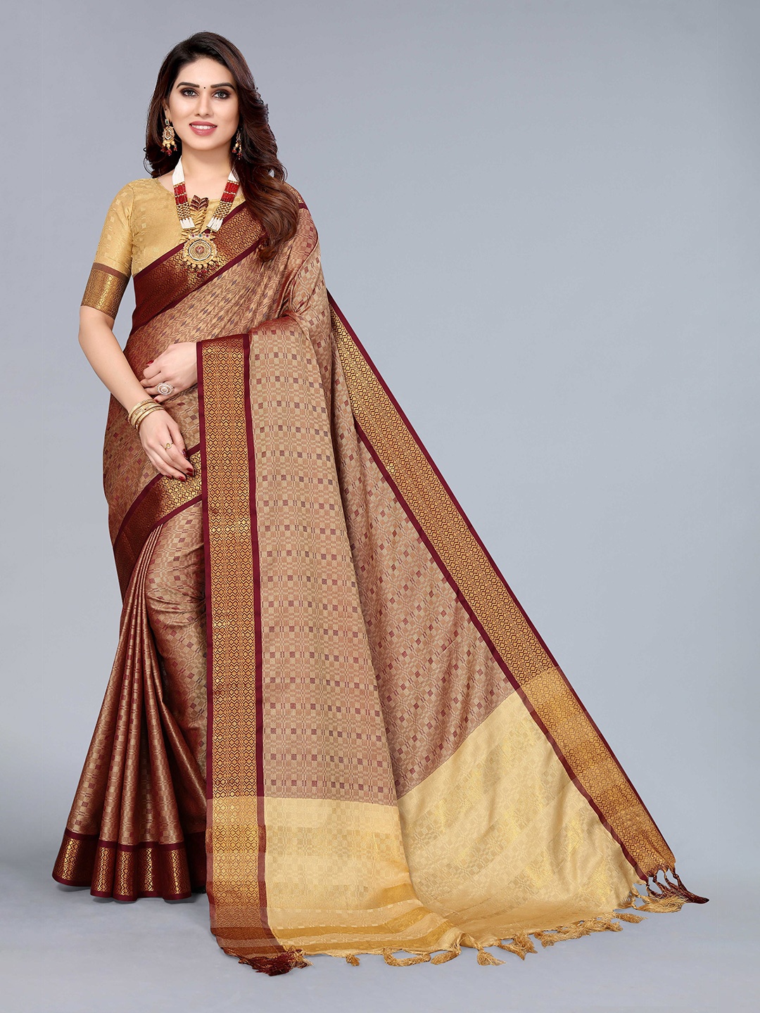 

KALINI Ethnic Motif Woven Design Zari Silk Cotton Kanjeevaram Saree, Beige