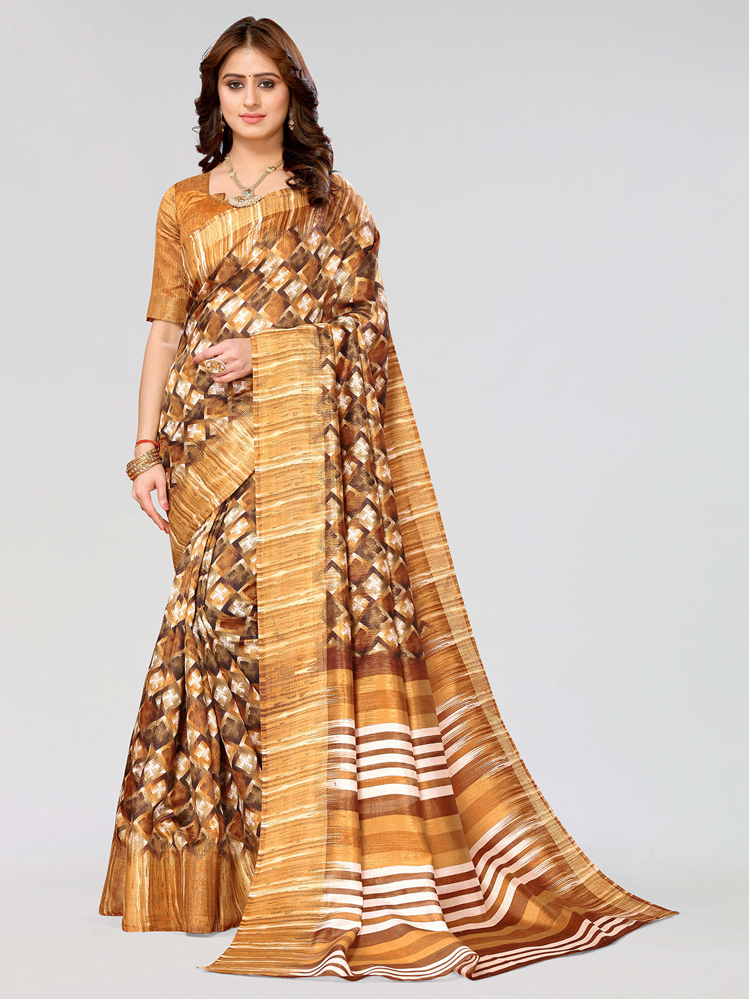 

KALINI Geometric Printed Pure Crepe Saree, Brown
