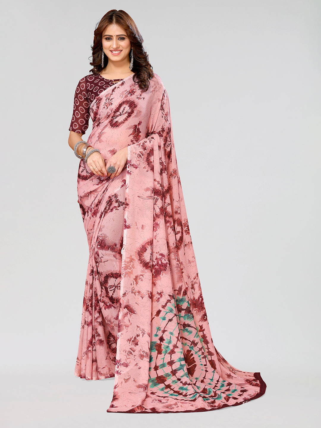 

KALINI Tie And Dye Poly Georgette Saree, Pink