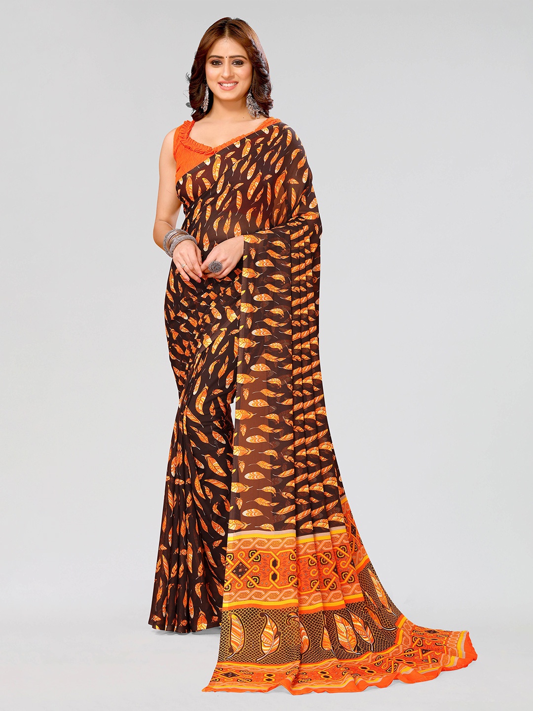 

KALINI Floral Printed Pure Crepe Saree, Orange