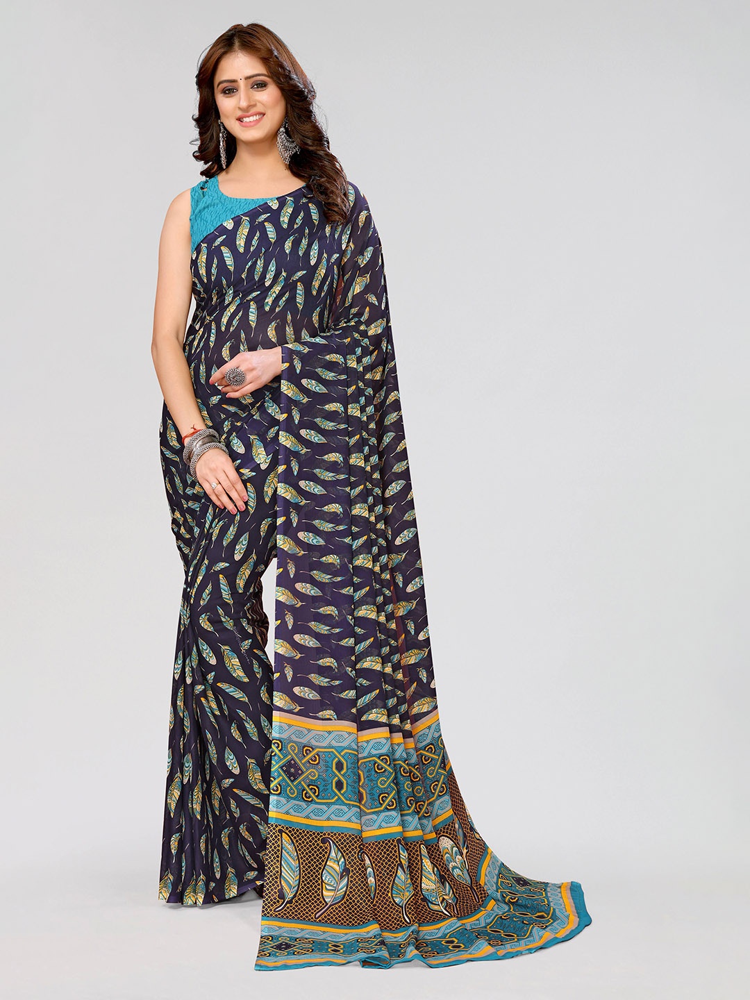 

KALINI Floral Printed Pure Crepe Saree, Navy blue