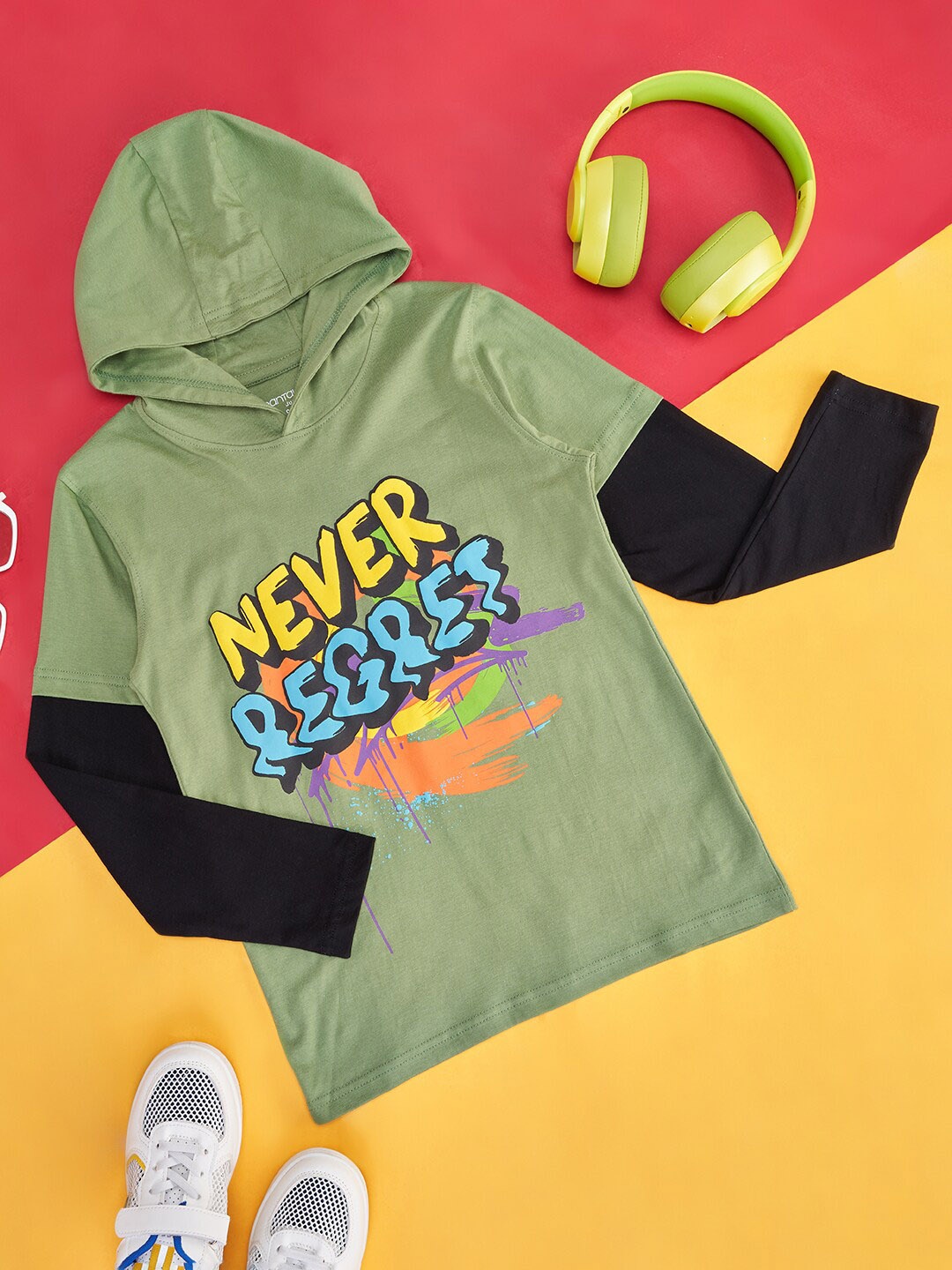 

Pantaloons Junior Boys Typography Printed Hooded Cotton T-shirt, Olive