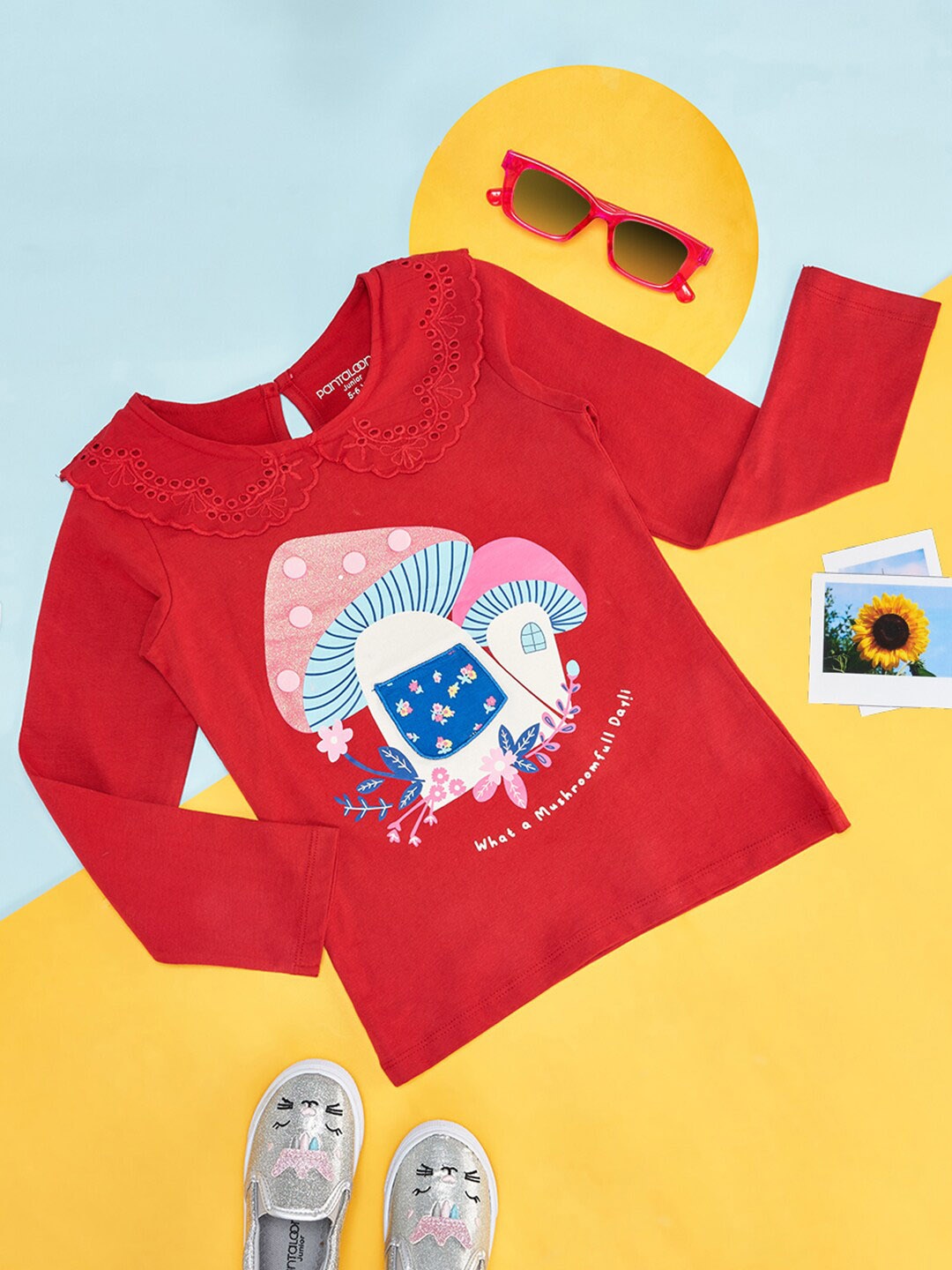 

Pantaloons Junior Girls Graphic Printed Peter Pan Collar Embroidered Cotton Casual T-shirt, Maroon