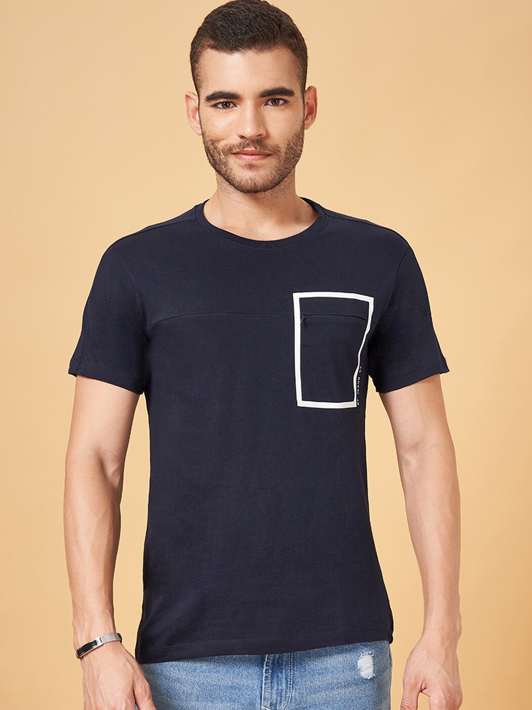 

SF JEANS by Pantaloons Geometric Printed Cotton T-shirt, Navy blue