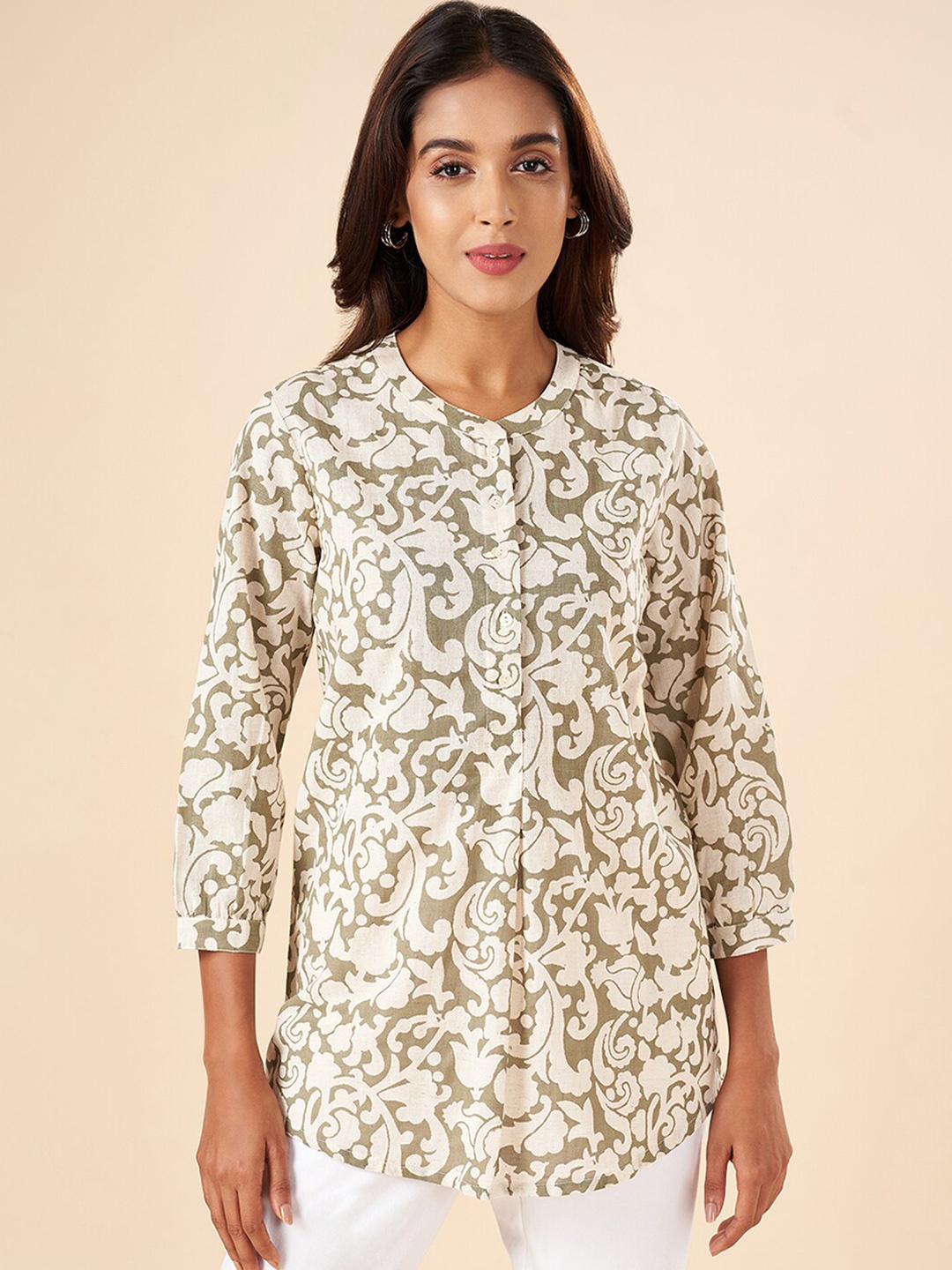 

AKKRITI BY PANTALOONS Mandarin Collar Printed Tunic, Grey