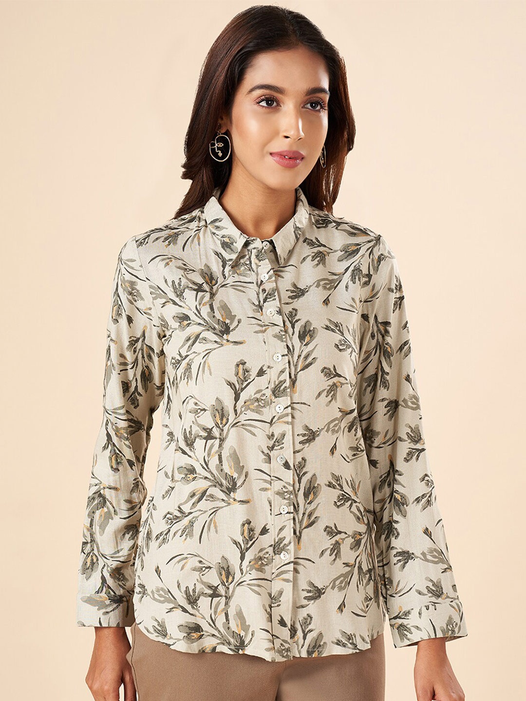 

AKKRITI BY PANTALOONS Floral Printed Shirt Collar Tunic, Grey