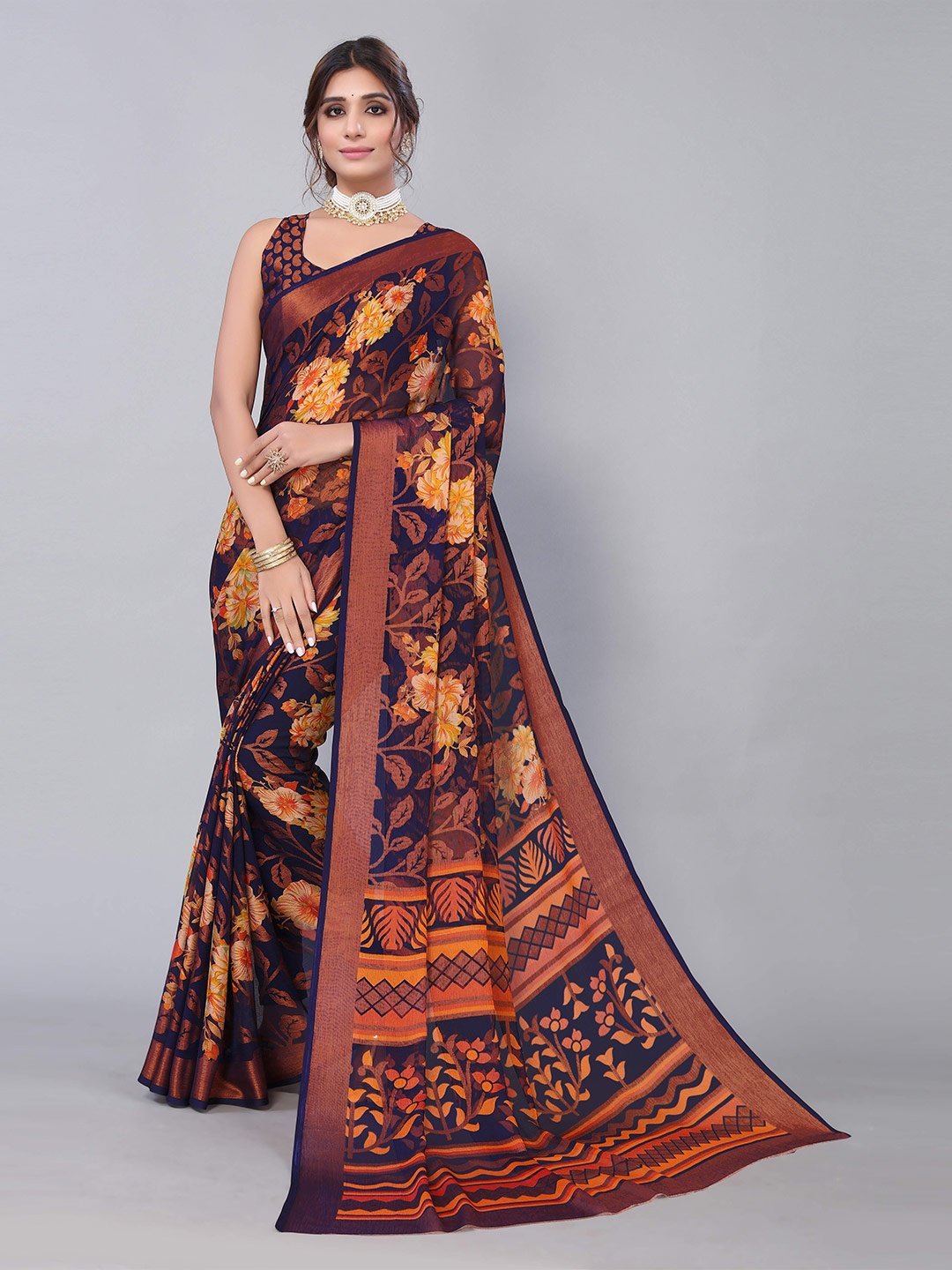 

KALINI Floral Printed Poly Georgette Saree, Navy blue