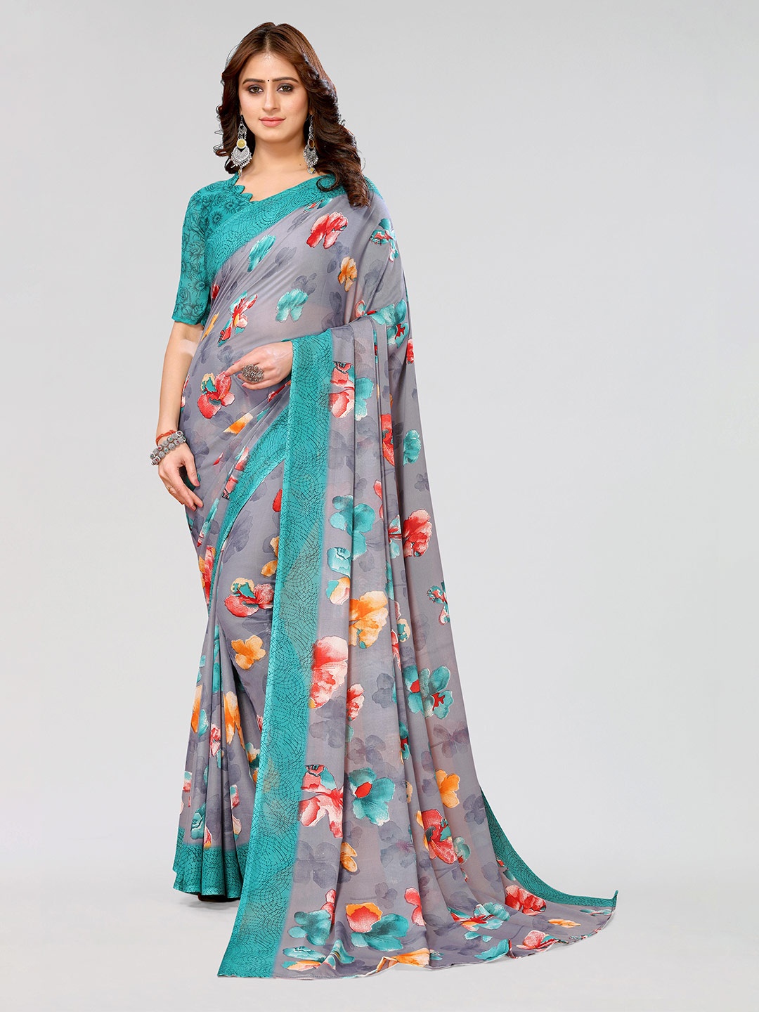 

KALINI Floral Printed Poly Georgette Saree, Teal