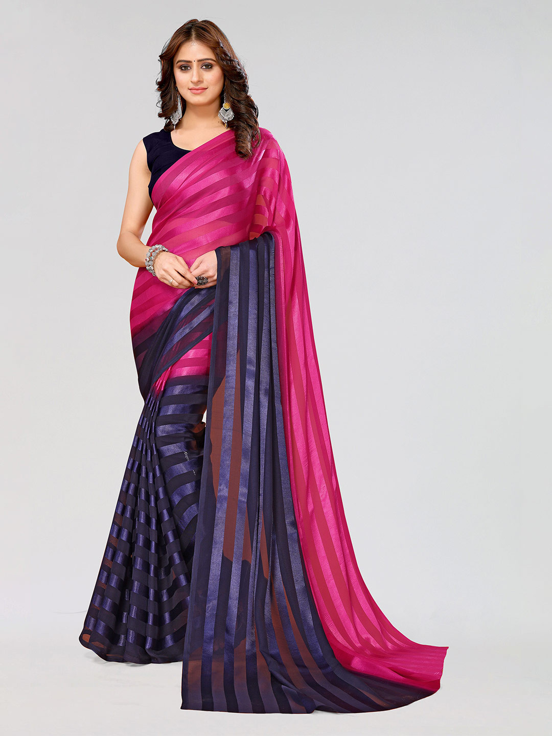 

KALINI Colourblocked Poly Georgette Saree, Navy blue