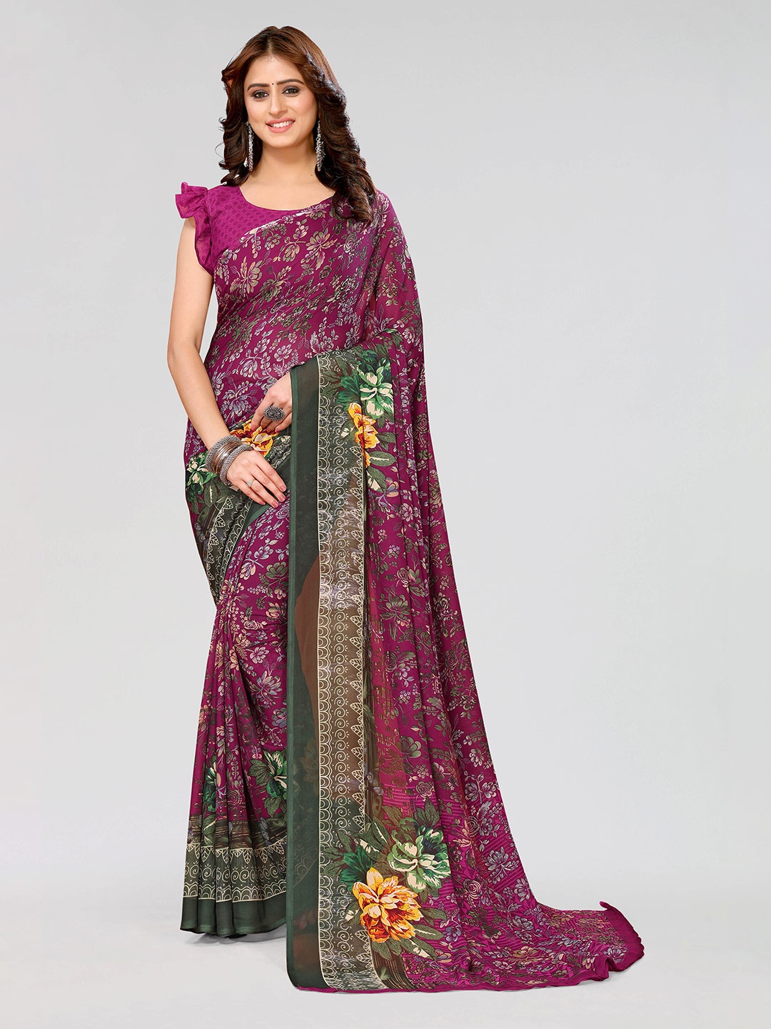 

KALINI Floral Printed Saree, Purple
