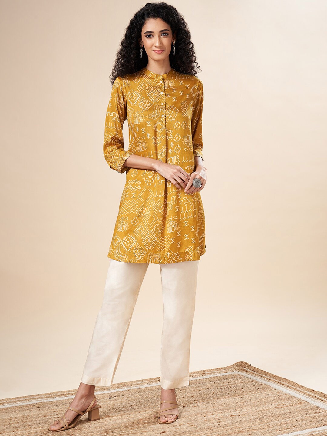 

Marigold Lane Mandarin Collar Printed Silk Ethnic Tunic, Mustard