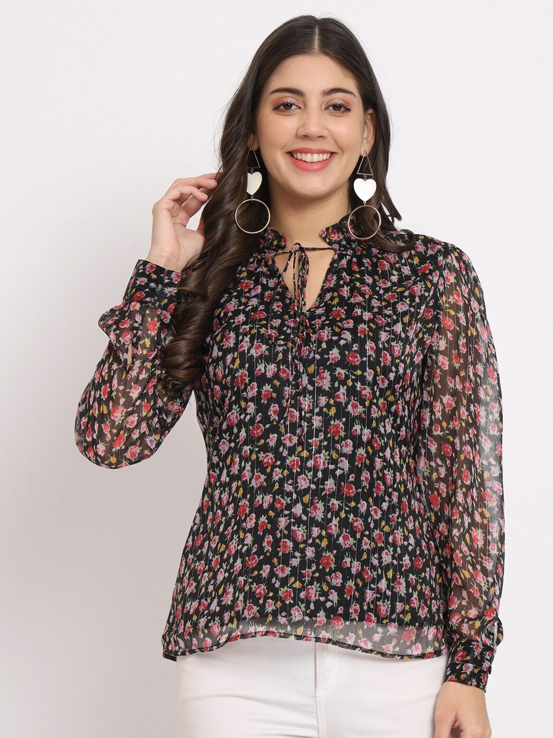 

CHARMGAL Floral Printed Tie-Up Neck Cuffed Sleeve Chiffon Regular Top, Black