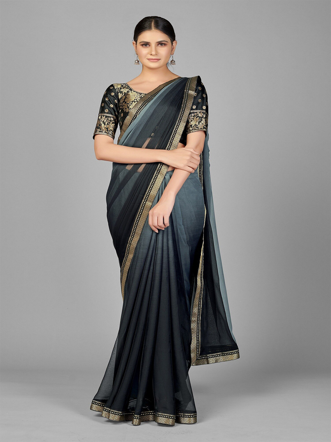 

APNISHA Zari Pure Georgette Banarasi Saree, Grey