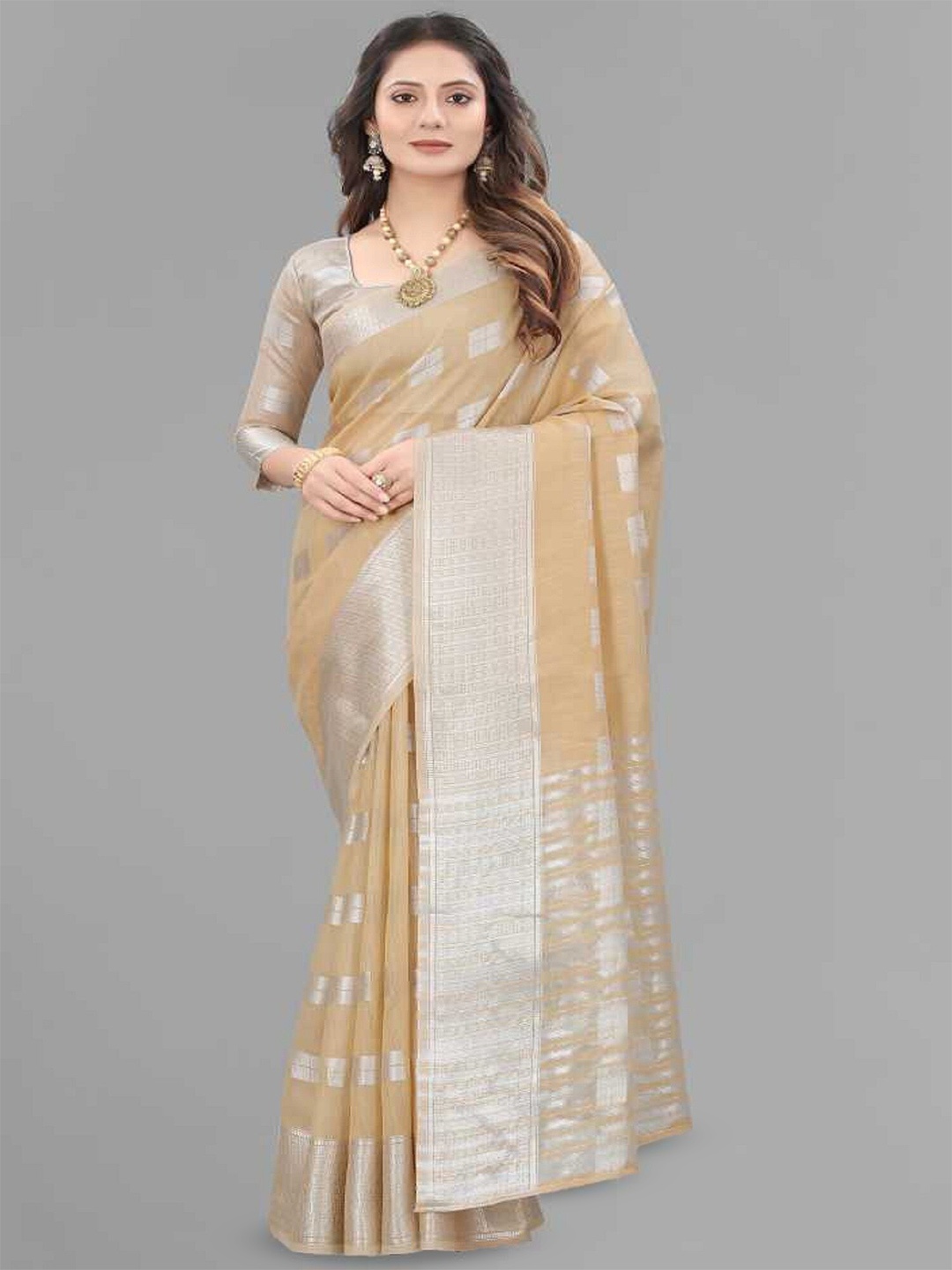 

APNISHA Ethnic Motifs Woven Design Zari Silk Cotton Banarasi Saree, Brown