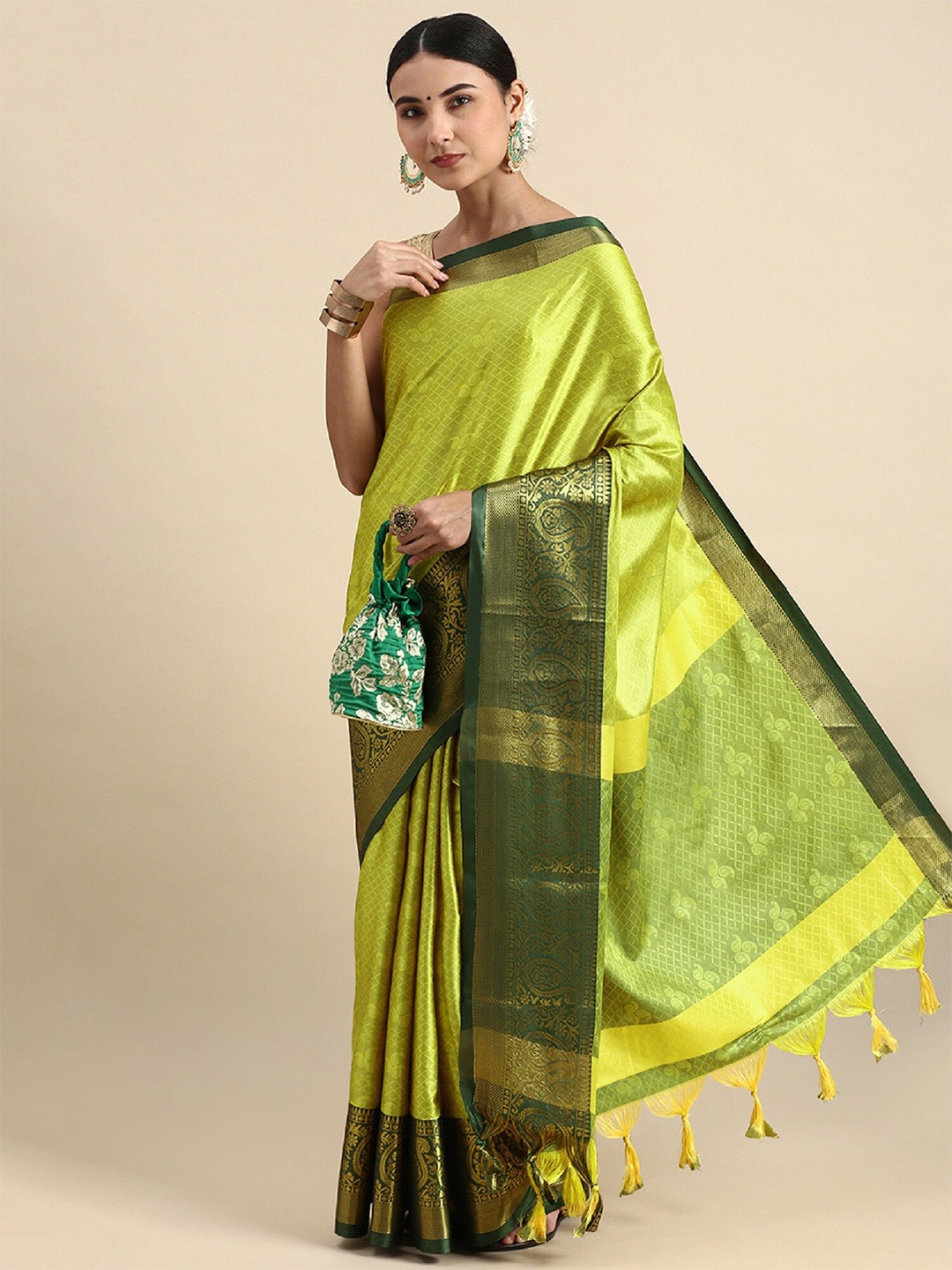 

APNISHA Ethnic Motifs Woven Design Zari Silk Cotton Jacquard Banarasi Saree, Yellow