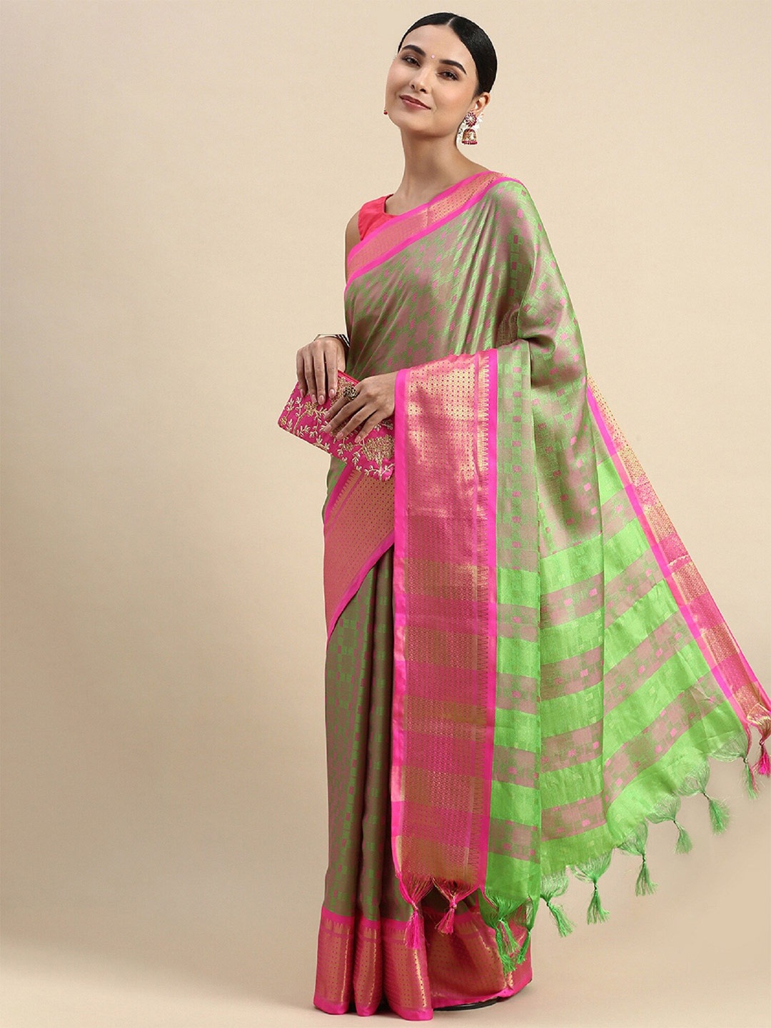 

APNISHA Ethnic Motif Woven Design Zari Silk Cotton Banarasi Saree, Sea green