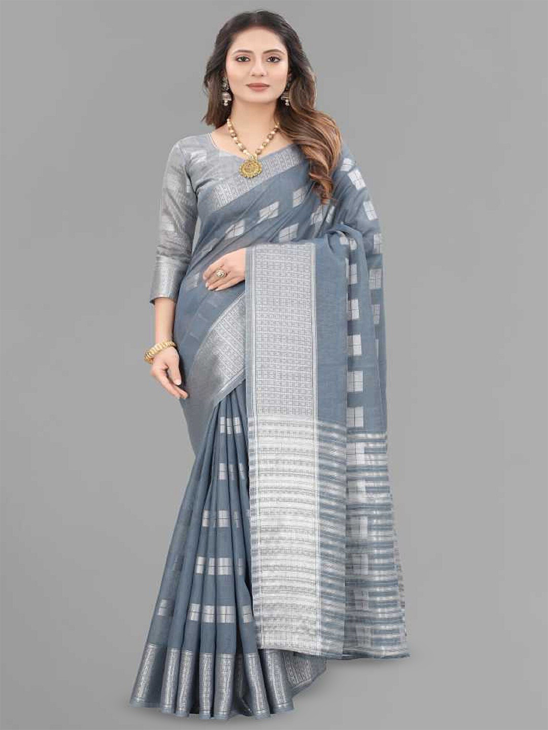 

APNISHA Ethnic Motifs Woven Designed Silk Cotton Banarasi Saree, Grey