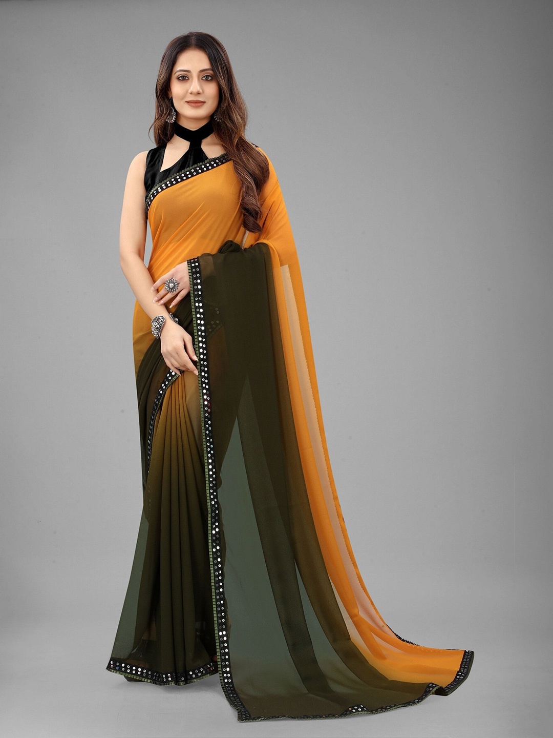 

APNISHA Ombre Sequinned Pure Georgette Saree, Orange