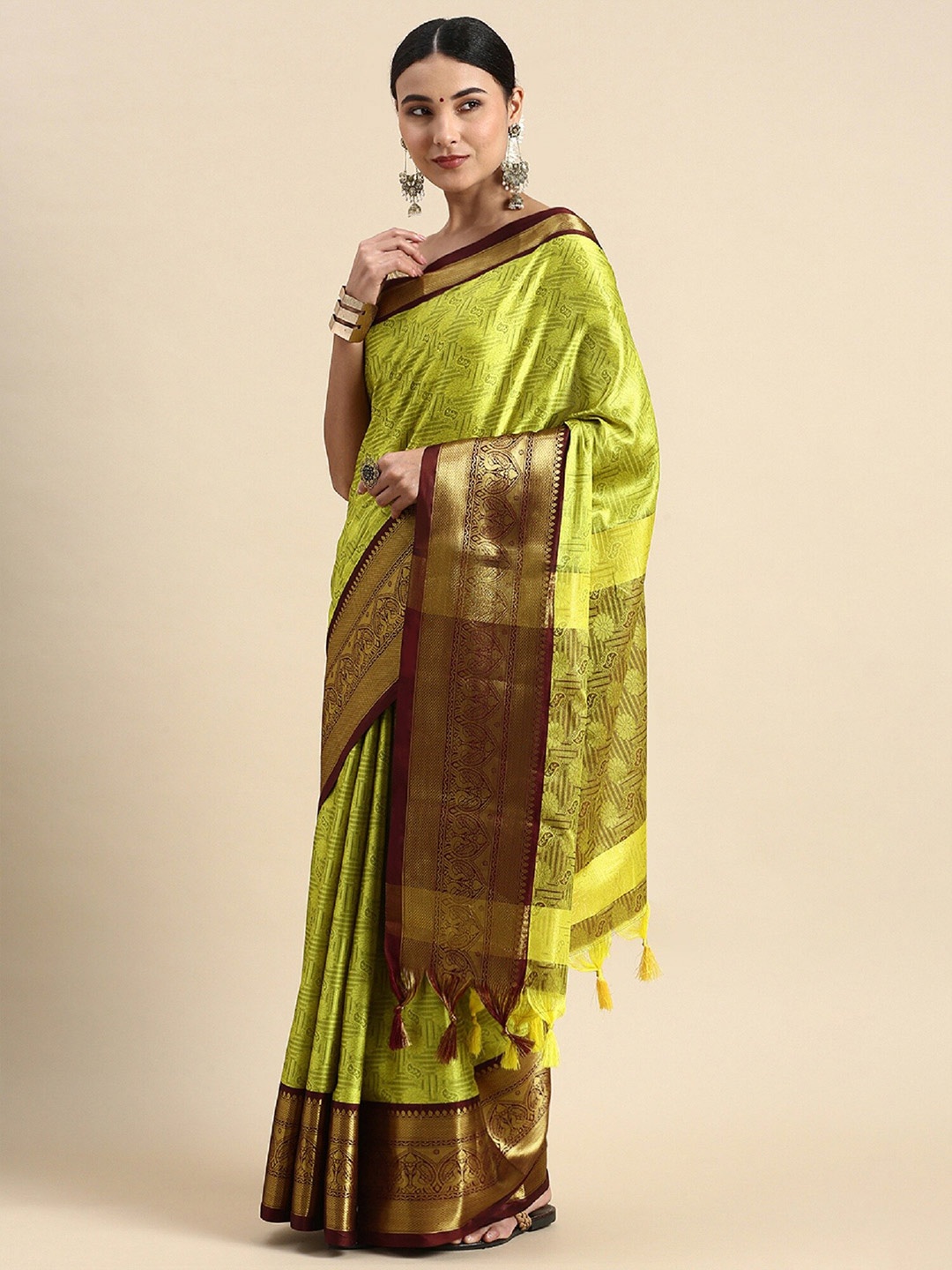 

APNISHA Ethnic Motifs Woven Design Zari Pure Silk Banarasi Saree, Lime green