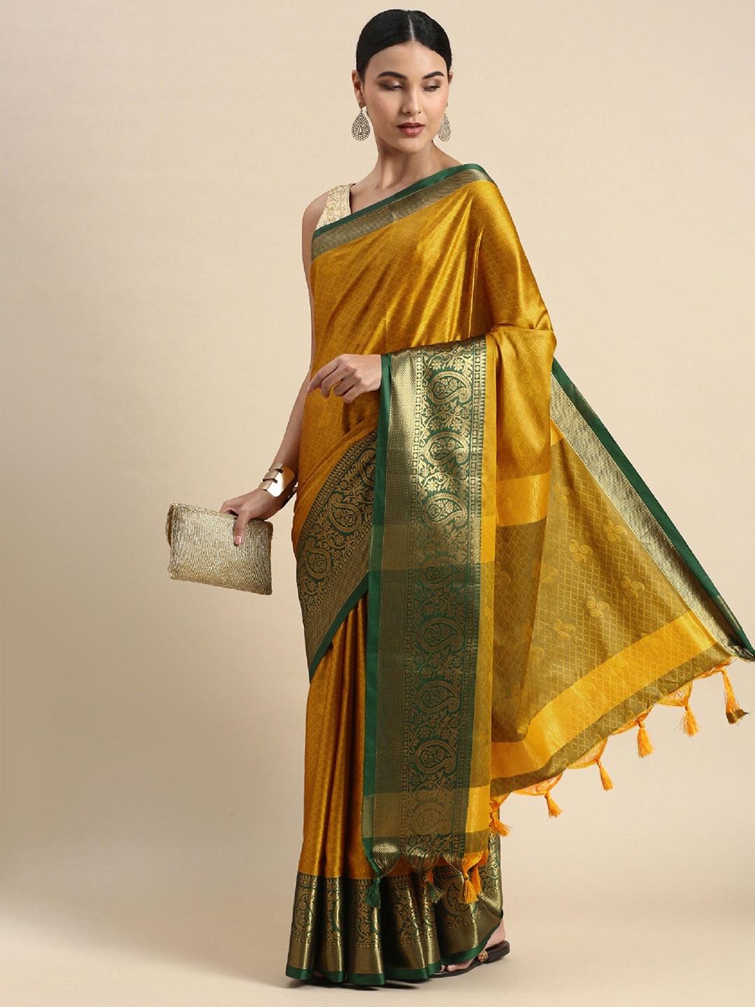 

APNISHA Ethnic Motifs Woven Design Zari Silk Cotton Banarasi Saree, Mustard