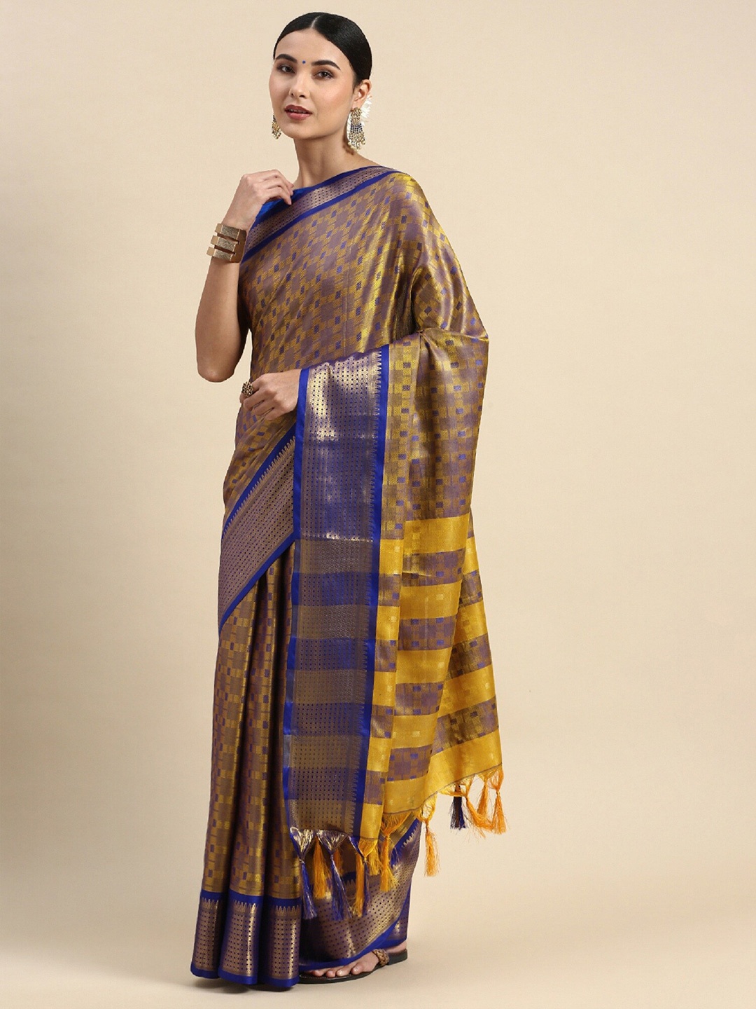 

APNISHA Ethnic Motifs Woven Design Zari Silk Cotton Banarasi Saree, Yellow
