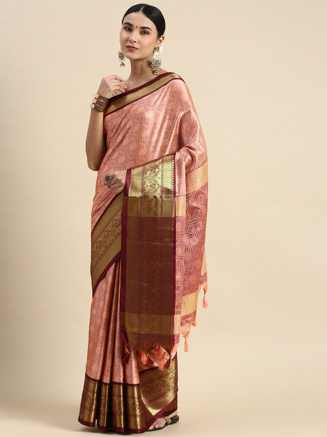 

APNISHA Ethnic Motifs Woven Design Zari Pure Silk Jacquard Banarasi Saree, Peach