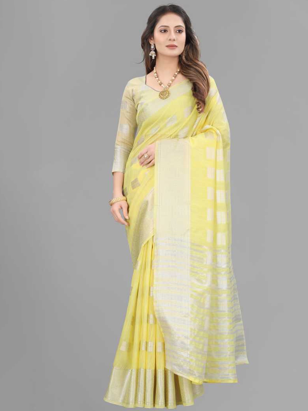 

APNISHA Ethnic Motifs Woven Design Zari Silk Cotton Banarasi Saree, Yellow