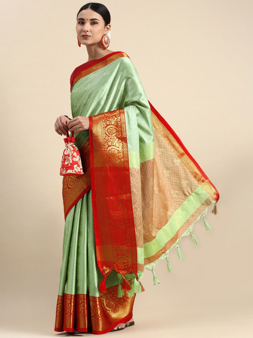 

APNISHA Ethnic Motifs Woven Design Zari Silk Cotton Banarasi Saree, Sea green