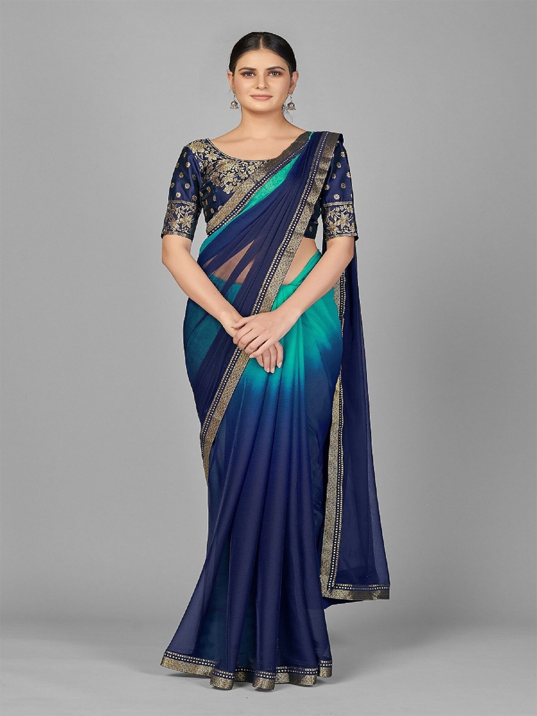 

APNISHA Ombre Dyed Zari Pure Georgette Banarasi Saree, Turquoise blue