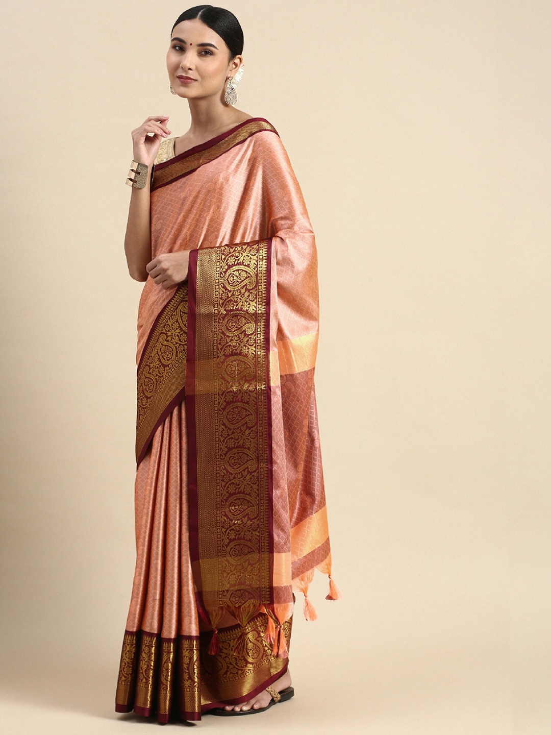 

APNISHA Ethnic Motifs Woven Design Zari Silk Cotton Banarasi Saree, Peach