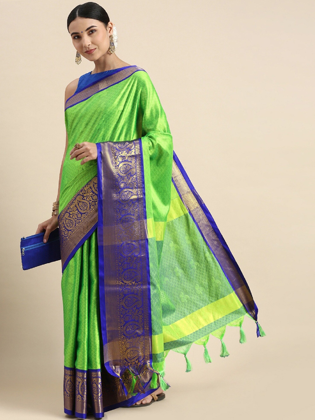 

APNISHA Ethnic Motifs woven Design Zari Silk Cotton Banarasi Saree, Lime green