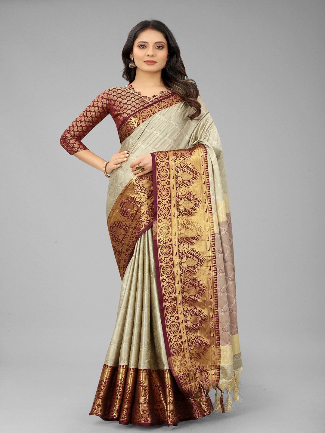 

APNISHA Ethnic Motifs Woven Design Zari Silk Cotton Banarasi Saree, Brown