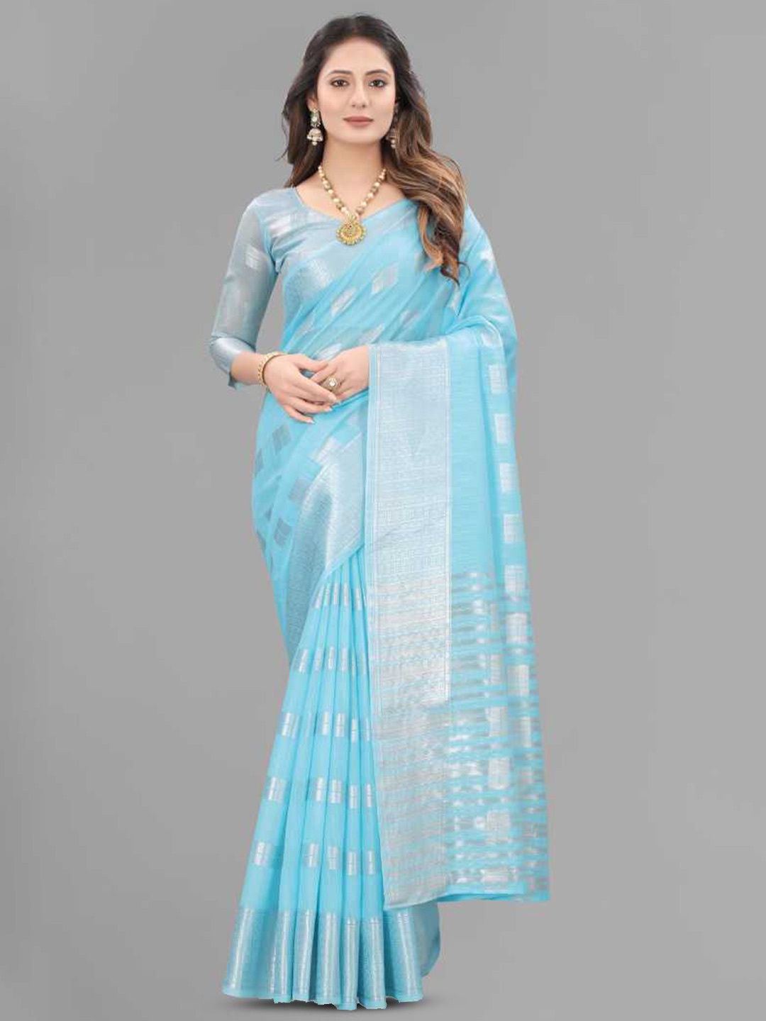 

APNISHA Ethnic Motifs Woven Design Zari Cotton Linen Banarasi Saree, Turquoise blue