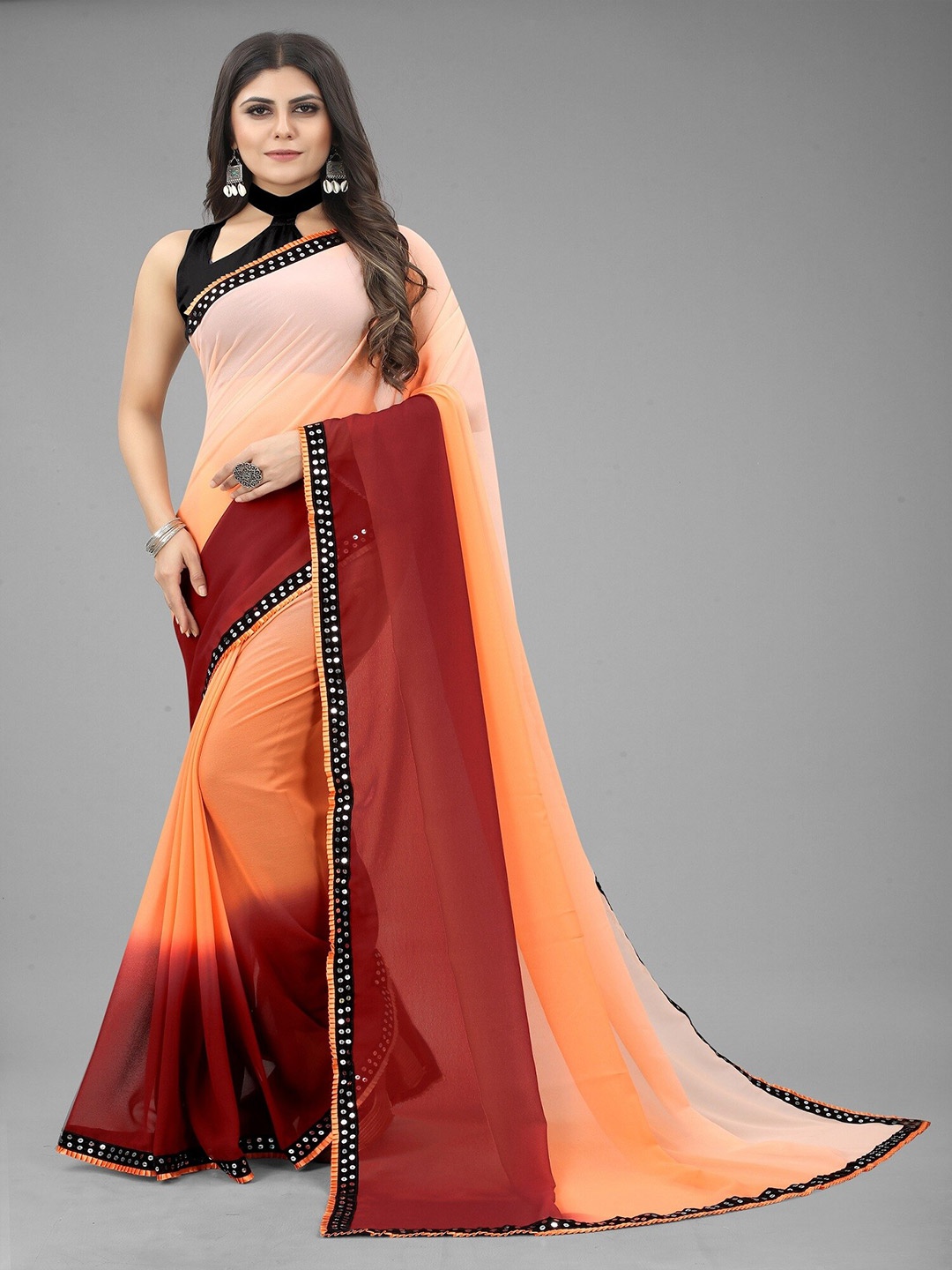 

APNISHA Ombre Sequinned Pure Georgette Banarasi Saree, Orange