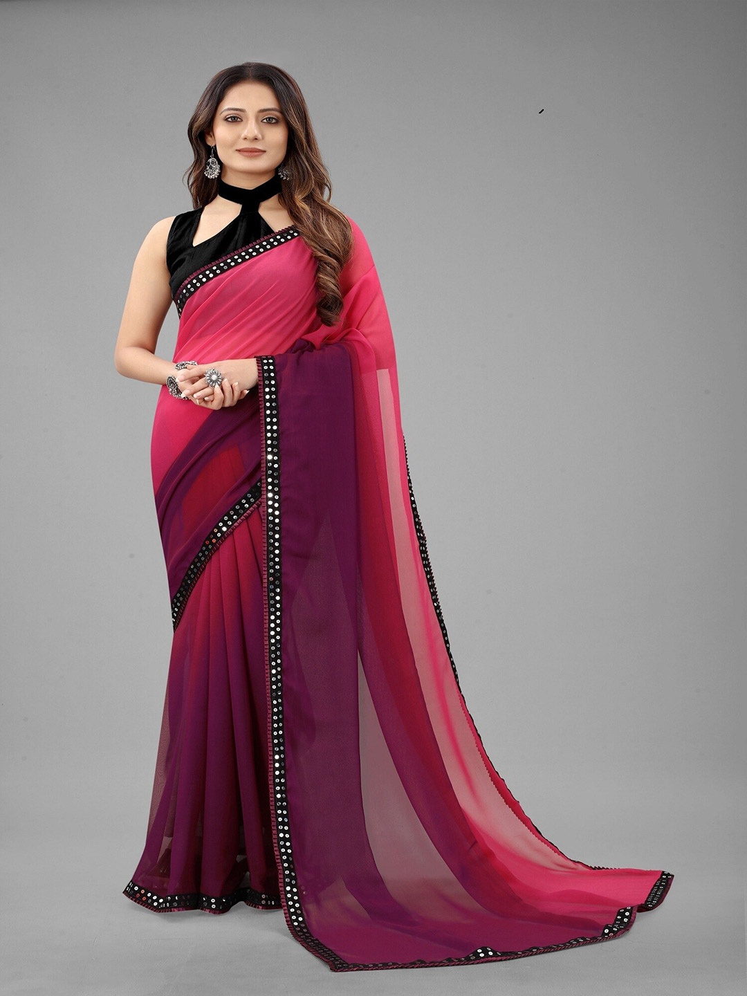 

APNISHA Ombre Sequinned Pure Georgette Banarasi Saree, Purple