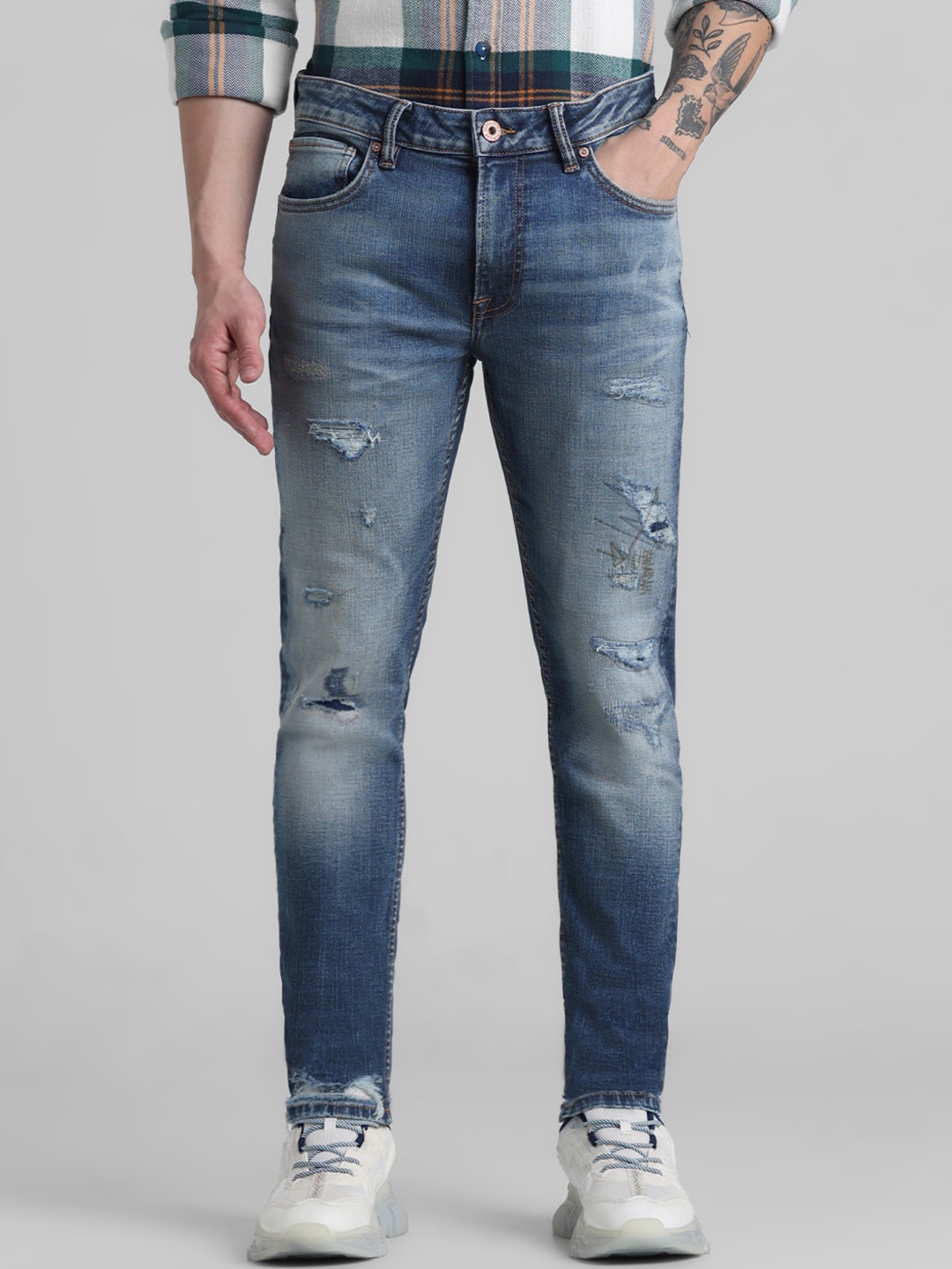 

Jack & Jones Men Ben Skinny Fit Highly Distressed Heavy Fade Comfort Stretchable Jeans, Blue