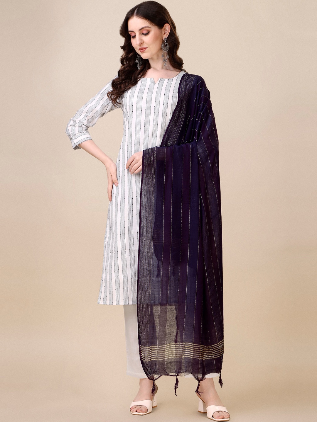 

Fashion Basket Striped Regular Kurta with Trousers & With Dupatta, White