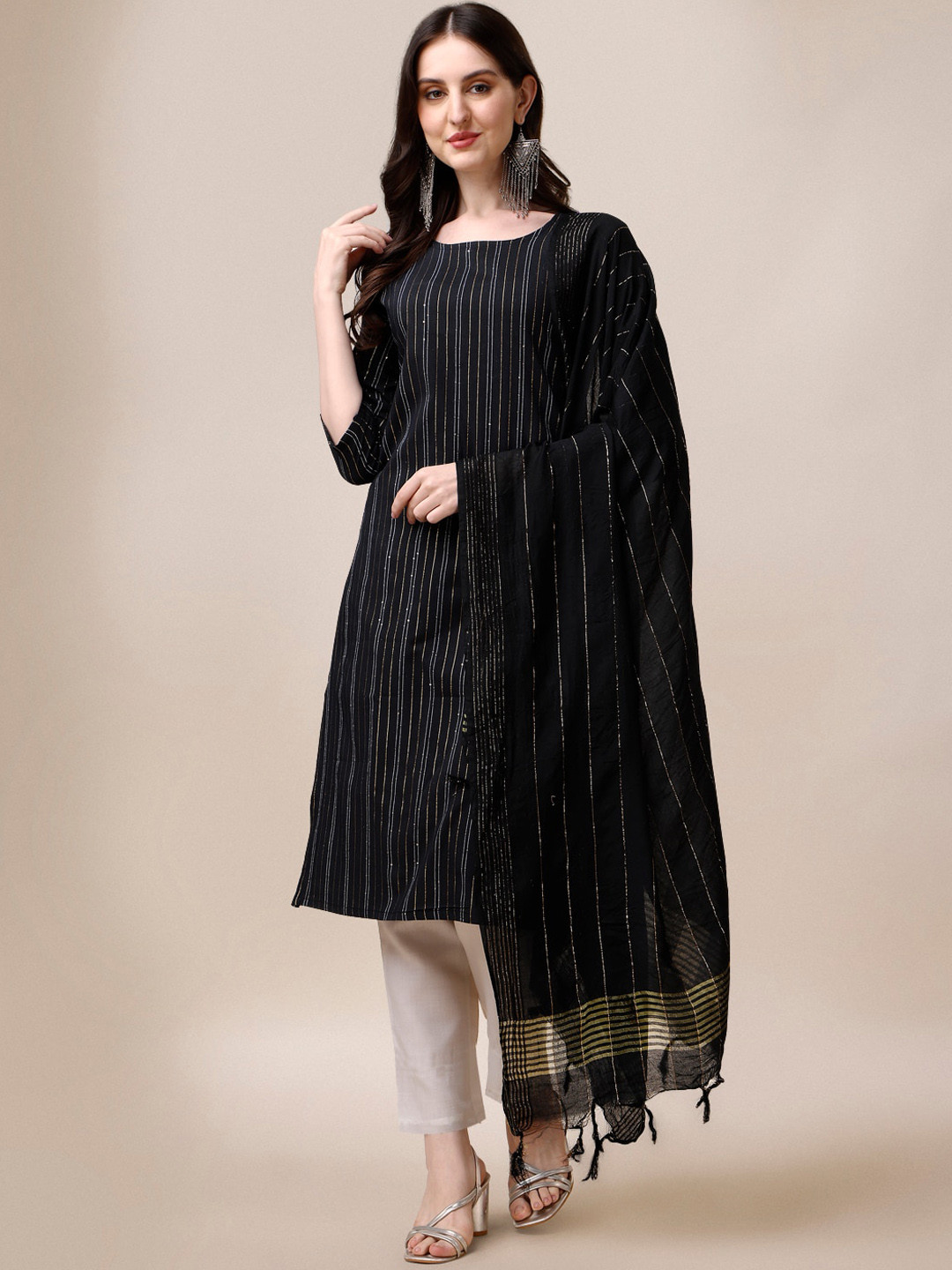 

Fashion Basket Striped Sequinned Detail Straight Kurta & Trousers With Dupatta, Black