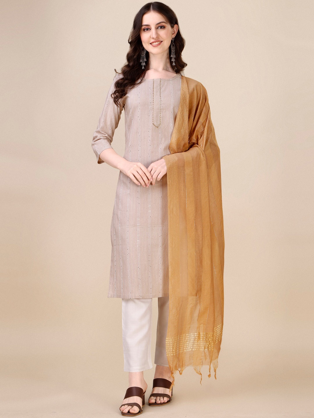

Fashion Basket Striped Sequinned Detail Straight Kurta & Trousers With Dupatta, Beige