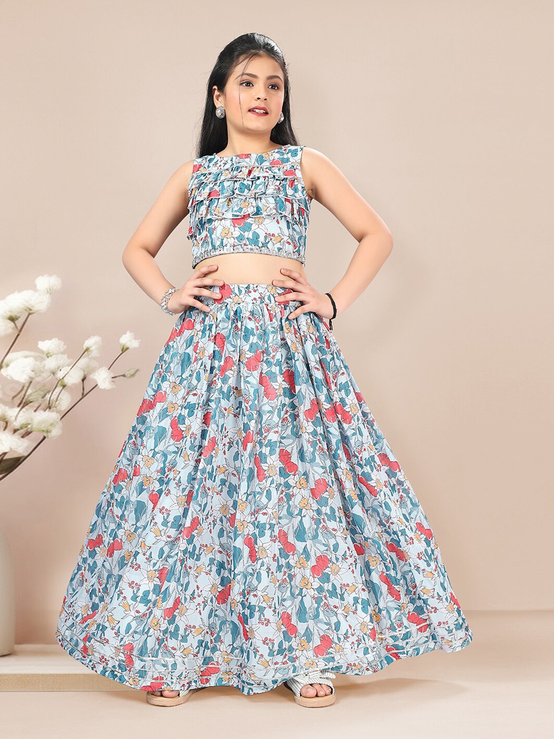 

FASHION DREAM Girls Floral Printed Ready to Wear Lehenga Choli, Blue